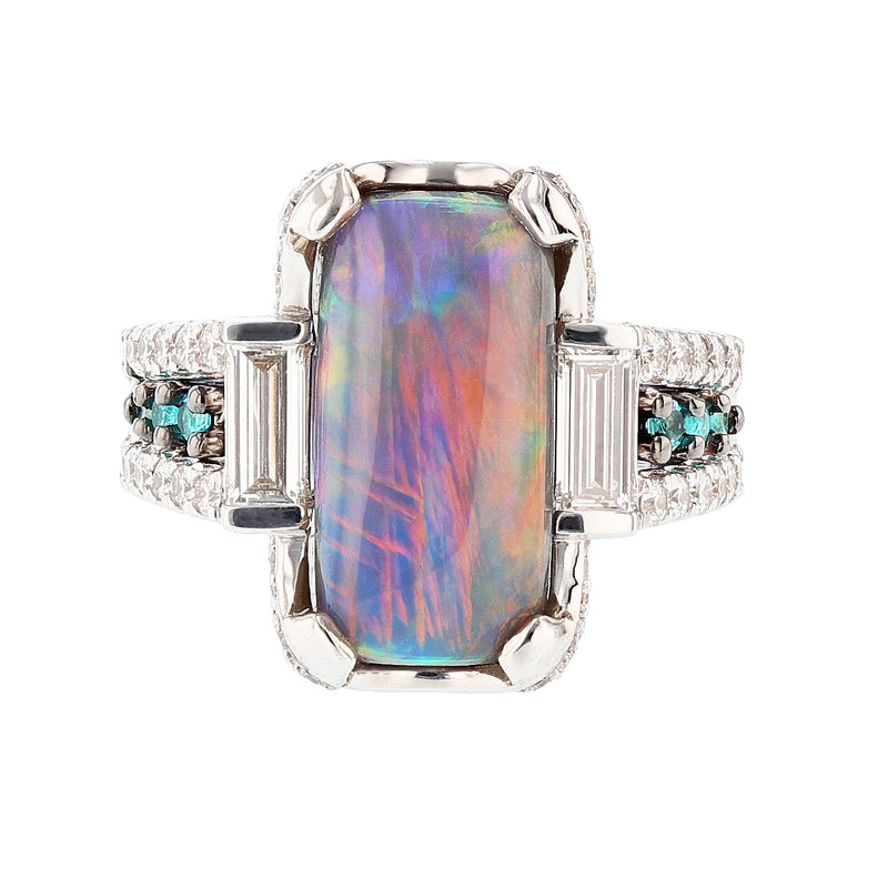 Natural Black Opal, Diamond, and Paraiba Tourmaline Ring - Nazarelle