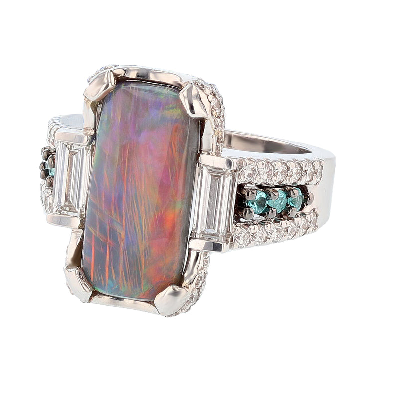 Natural Black Opal, Diamond, and Paraiba Tourmaline Ring - Nazarelle