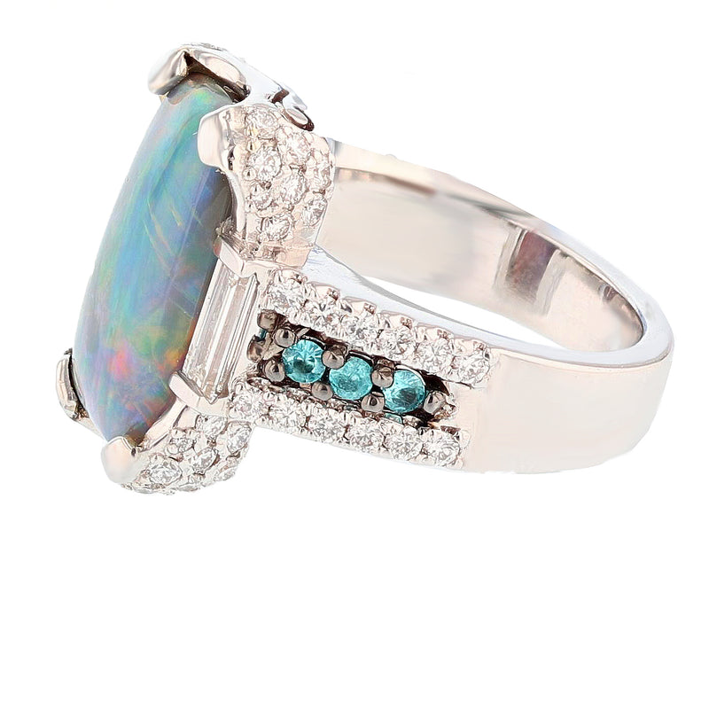 Natural Black Opal, Diamond, and Paraiba Tourmaline Ring - Nazarelle